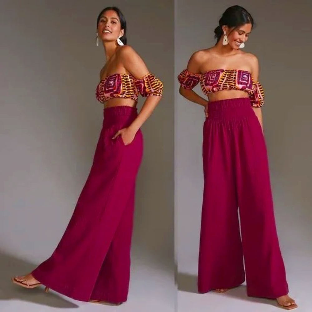 By Anthropologie Smocked Gauzy Wide-Leg Pants